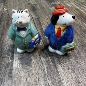 Pair of Ceramic Salt Pepper Shakers Cat Dog Dressed in Business Suits Salesman